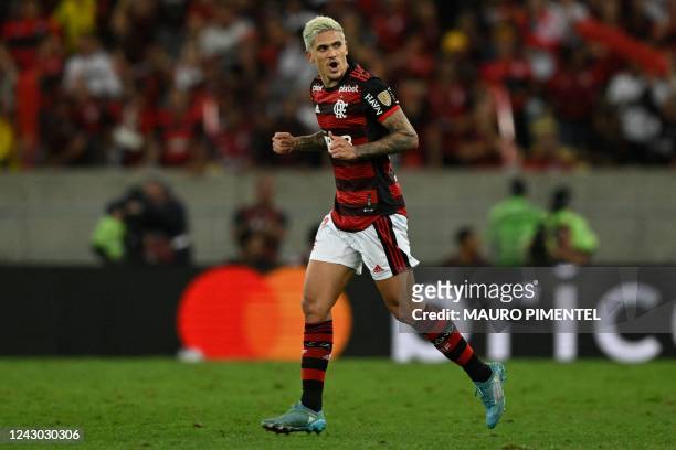 Flamengo's Brazilian forward Pedro celebrates after scoring against Velez Sarsfield during the Copa Libertadores second leg semifinal football match...