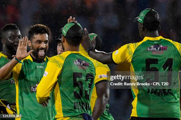 Mohammad Amir of Jamaica Tallawahs celebrates the dismissal of Roshon Primus of Saint Lucia Kings during the Men's 2022 Hero Caribbean Premier League...