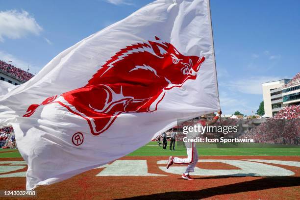 An Arkansas Razorbacks flag being held by a cheerleader during the college football game between the Cincinnati Bearcats and Arkansas Razorbacks on...