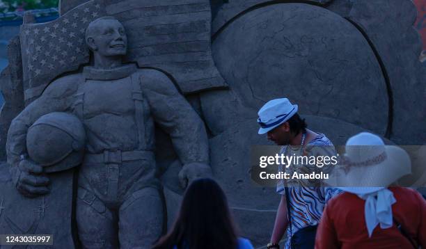 Sand sculpture is on display at the 17th International Sand Sculpture Festival with the theme of "Space Adventure" in Antalya, Turkiye on September...