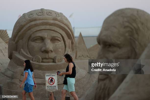 Sand sculpture is on display at the 17th International Sand Sculpture Festival with the theme of "Space Adventure" in Antalya, Turkiye on September...
