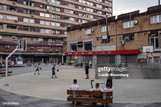 Youths playing basketball and soccer at a housing development's court in Pristina, Kosovo, on Tuesday, Aug. 22. The leaderships in Kosovo and Serbia...