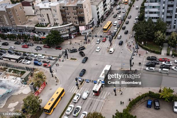 Traffic at a road junction in central Pristina, Kosovo, on Monday, Aug. 22, 2022. The leaderships in Kosovo and Serbia are under increased pressure...