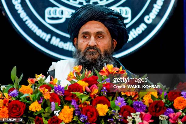 Taliban's acting first deputy prime minister Abdul Ghani Baradar attends a press conference in Kabul on September 8, 2022.