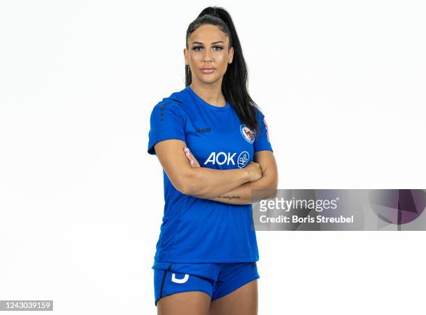 Sonia O'Neill of 1. FFC Turbine Potsdam poses during the team presentation at Karl-Liebknecht-Stadion on September 8, 2022 in Potsdam, Germany.