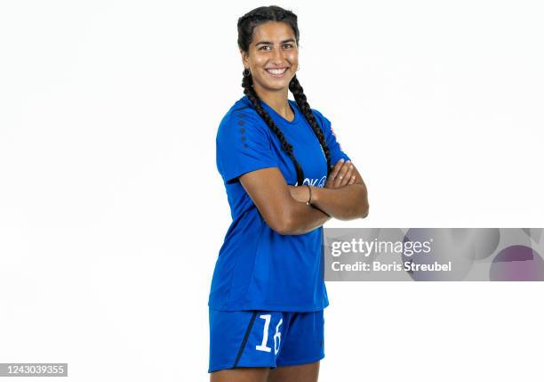 Maya Hahn of 1. FFC Turbine Potsdam poses during the team presentation at Karl-Liebknecht-Stadion on September 8, 2022 in Potsdam, Germany.