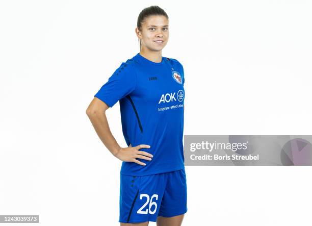 Martyna Wiankowska of 1. FFC Turbine Potsdam poses during the team presentation at Karl-Liebknecht-Stadion on September 8, 2022 in Potsdam, Germany.