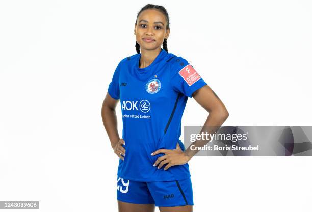 Onyinyechi Zogg of 1. FFC Turbine Potsdam poses during the team presentation at Karl-Liebknecht-Stadion on September 8, 2022 in Potsdam, Germany.