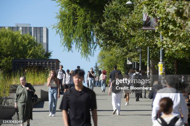 Students at the University of British Columbia Vancouver campus during the first week of classes in Vancouver, British Columbia, Canada, on...