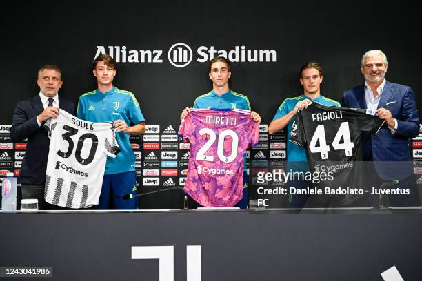 Federico Cherubini, Matias Soule, Fabio Miretti, Nicolo Fagioli, Maurizio Arrivabene of Juventus during a press conference at Allianz Stadium on...