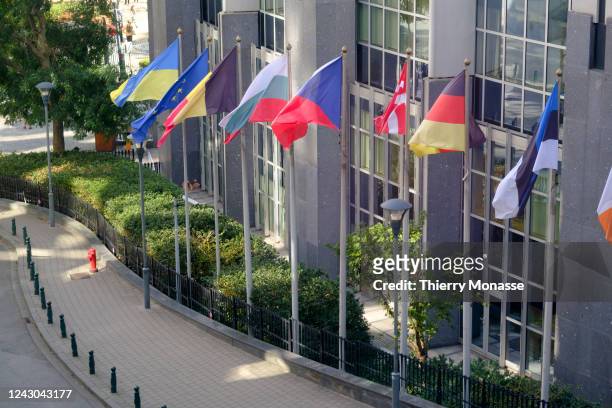 Ukrainian and European flags are seen in front of the European Parliament on September 8, 2022 in Brussels, Belgium. Ukrainian President Volodymyr...