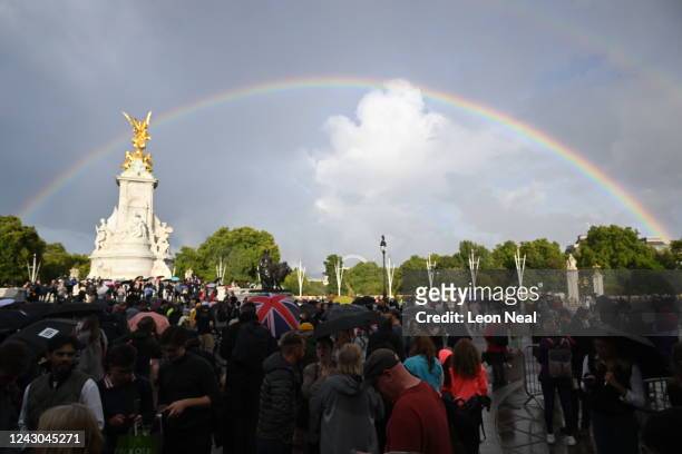 Rainbow is seen outside of Buckingham Palace on September 8, 2022 in London, England. Buckingham Palace issued a statement earlier today saying that...