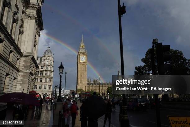 Double rainbow is seen over Elizabeth Tower in Westminster, London, following a rain shower. Picture date: Thursday September 8, 2022.