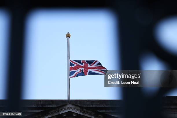 The Union Flag flies at half mast at Buckingham Palace in honour of Queen Elizabeth II who died this afternoon on September 8, 2022 in London,...