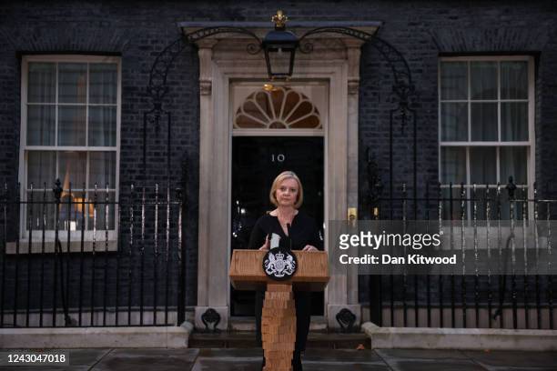 Prime Minister Liz Truss makes a statement outside 10 Downing Street following the death of Queen Elizabeth II on September 08, 2022 in London,...