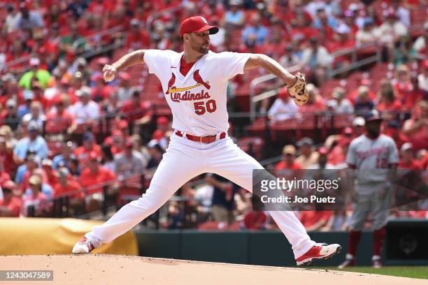 Adam Wainwright of the St. Louis Cardinals pitches against the Washington Nationals in the first inning at Busch Stadium on September 8, 2022 in St...