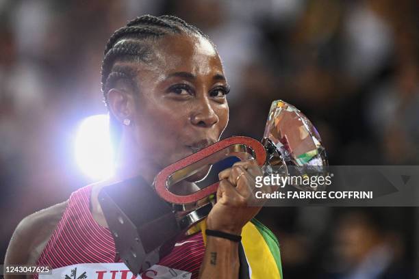 Jamaica's Shelly-Ann Fraser-Pryce celebrates after victory in the women's 100m final during the Diamond League athletics meeting at Stadion...