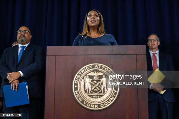 New York Attorney General Letitia James speaks at a press conference to discuss the charges against Steve Bannon in New York on September 8, 2022. -...