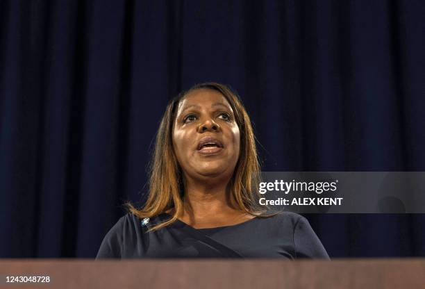 New York Attorney General Letitia James speaks at a press conference to discuss the charges against Steve Bannon in New York on September 8, 2022. -...