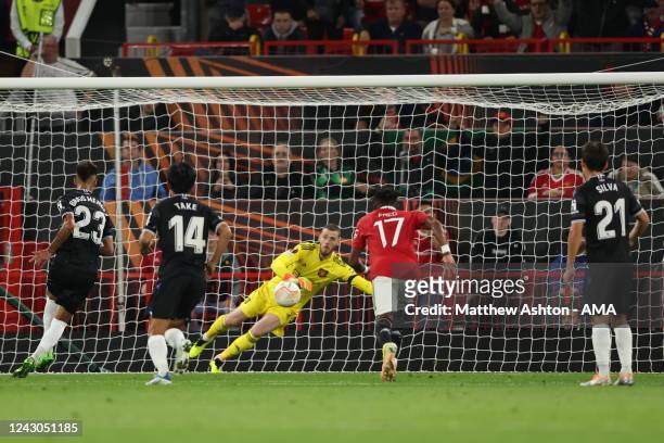 Brais Mendez of Real Sociedad scores a goal from the penalty spot to make it 0-1 during the UEFA Europa League group E match between Manchester...
