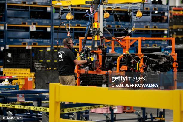 Ford Motor Company's electric F-150 Lightning on the production line at their Rouge Electric Vehicle Center in Dearborn, Michigan on September 8,...