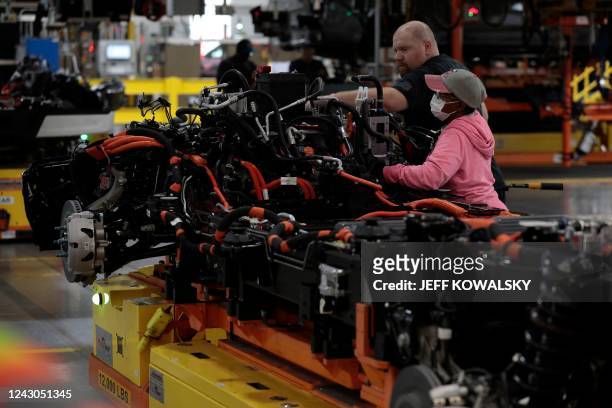 Ford Motor Company's electric F-150 Lightning on the production line at their Rouge Electric Vehicle Center in Dearborn, Michigan on September 8,...