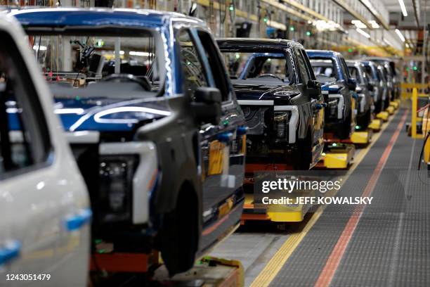 Ford Motor Company's electric F-150 Lightning on the production line at their Rouge Electric Vehicle Center in Dearborn, Michigan on September 8,...