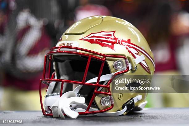 Florida State helmet on the equipment cart during the Allstate Louisiana Kickoff game between the Florida State Seminoles and the LSU Tigers at...