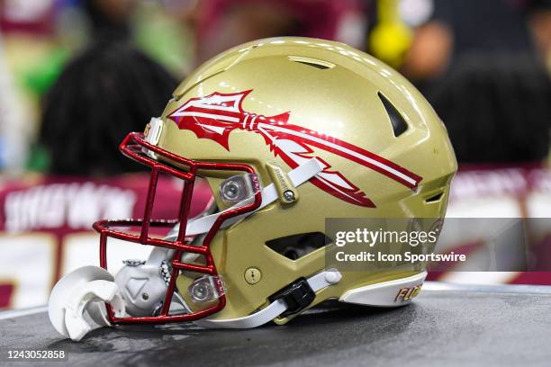 Florida State helmet on the equipment cart during the Allstate Louisiana Kickoff game between the Florida State Seminoles and the LSU Tigers at...