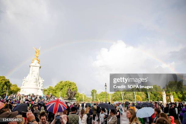 Double rainbows seen after torrent rain at Buckingham Palace before Queen Elizabeth II was announced dead by the Royal Family. The public are...