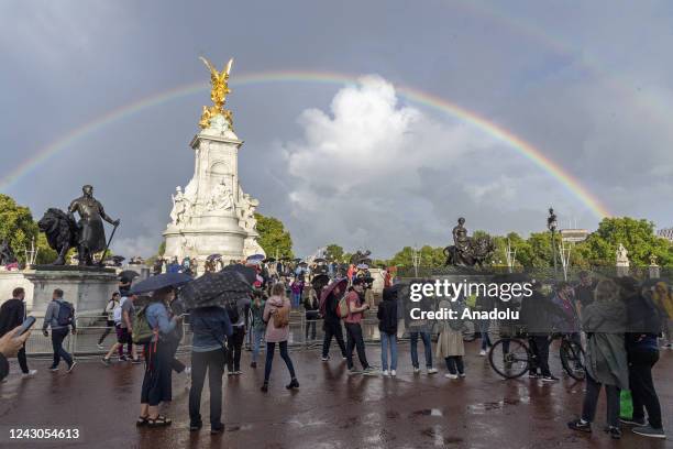 Rainbows appear over Buckingham Palace shortly before the announcement of the death of Queen Elizabeth II in London, United Kingdom on September 08,...