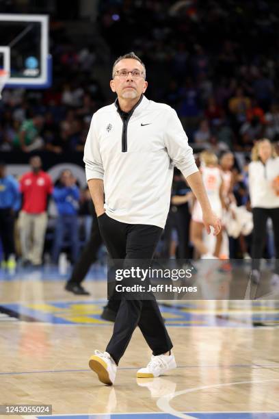 Head Coach Curt Miller of the Connecticut Sun looks on during Round 2 Game 5 of the 2022 WNBA Playoffs on September 8, 2022 at the Wintrust Arena in...