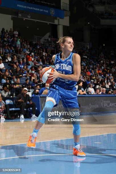 Allie Quigley of the Chicago Sky looks to pass the ball during Round 2 Game 5 of the 2022 WNBA Playoffs on September 8, 2022 at the Wintrust Arena in...