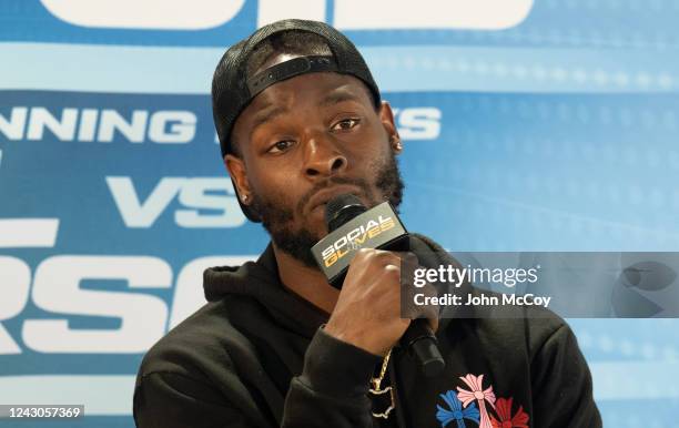 Former NFL player LeVeon Bell talks about his upcoming fight with Adrian Peterson at the Banc of California Stadium on September 8, 2022 in Los...