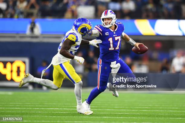 Buffalo Bills quarterback Josh Allen runs up field during the NFL game between the Buffalo Bills and the Los Angeles Rams on September 8 at SoFi...