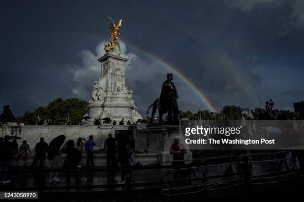 Double rainbows appear outside Buckingham Palace on the day that Queen Elizabeth II passed away on September 8 in London, England.