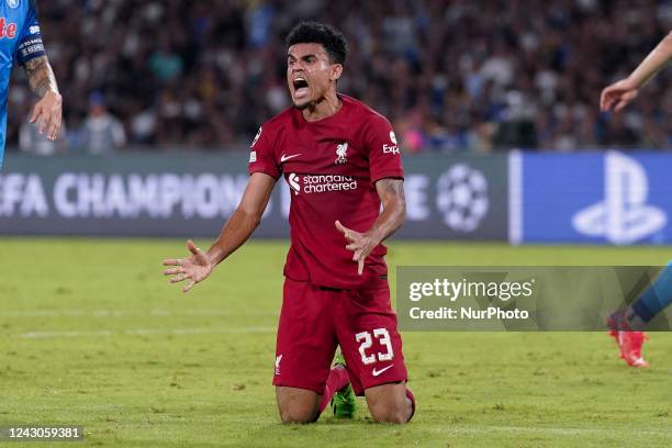 Luis Diaz of Liverpool FC looks dejected during the UEFA Champions League match between SSC Napoli and Liverpool FC at Stadio Diego Armando Maradona,...