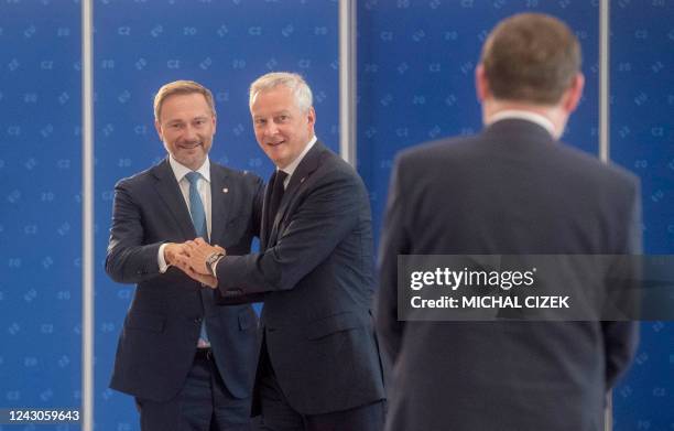 Czech Minister of Finance Zbynek Stanjura looks on as French Minister of the Economy and Finance Bruno Le Maire and German Finance Minister Christian...