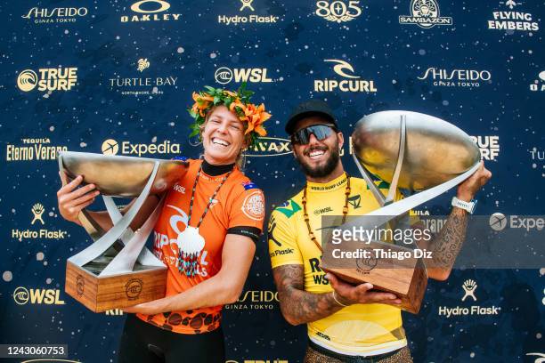 Filipe Toledo of Brazil and Stephanie Gilmore of Australia after winning the World Title at the Rip Curl WSL Finals on September 8, 2022 at San...