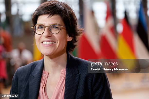 Belgium Energy Minister Christinne Liesbeth Alfons Van der Straeten talks to media prior to an extraordinary EU Energy Ministers meeting in the...