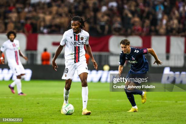 Kephren THURAM of Nice and Tim LEMPERLE of Koln during the UEFA Europa Conference League match between Nice and Koln at Allianz Riviera Stadium on...