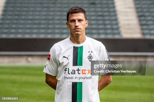 September 08: Stefan Lainer of Borussia Moenchengladbach is seen during the Team Presentation of Borussia Moenchengladbach at Borussia-Park on...