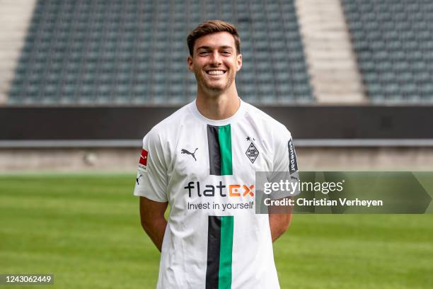 September 08: Joe Scally of Borussia Moenchengladbach is seen during the Team Presentation of Borussia Moenchengladbach at Borussia-Park on September...