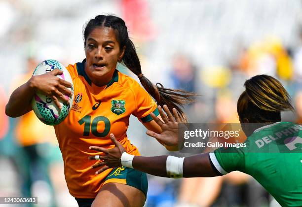 Sariah Paki of Australia during day 1 of the Womens Rugby World Cup Sevens 2022 Round of 16, Match 1 between Australia and Madagascar at DHL Stadium...