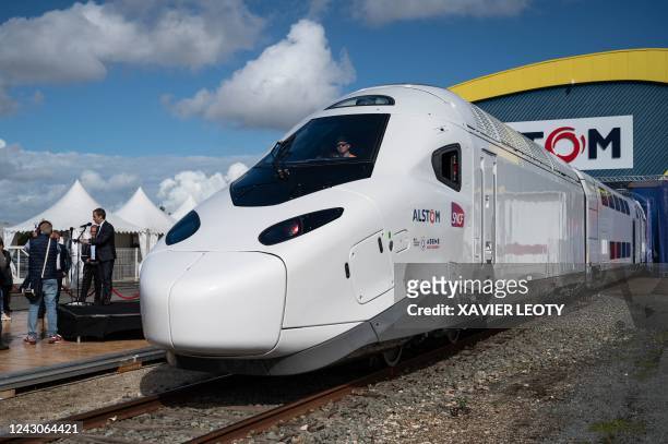 The presentation of the new SNCF's TGV "M" next generation high-speed train at the Alstom plant in La Rochelle, western France, on September 9, 2022.