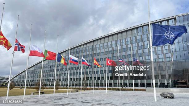 Flags are flown at half-mast as a tribute to Queen Elizabeth II at NATO headquarters in Brussels, Belgium on September 9, 2022. Queen Elizabeth II...