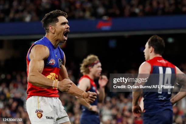 Charlie Cameron of the Lions celebrates a goal during the 2022 AFL Second Semi Final match between the Melbourne Demons and the Brisbane Lions at the...