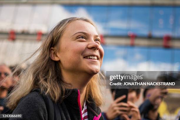 Swedish climate activist Greta Thunberg is pictured prior to taking part in a 'Fridays for Future' movement protest in Stockholm, Sweden on September...