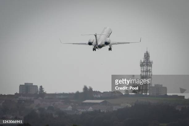 Plane takes off from Aberdeen Airport with King Charles III and Camilla, Queen Consort onboard as they travel to London following the death of Queen...