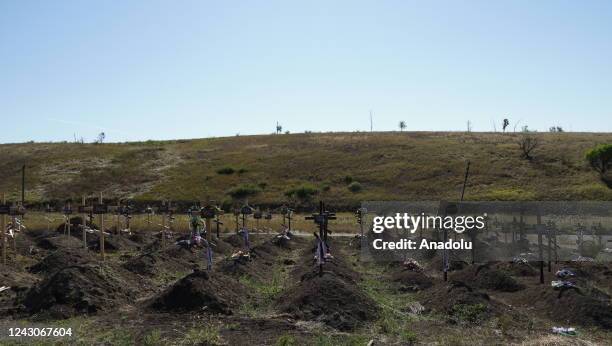 General view of the cemetery as Russia-Ukraine war continues in Mariupol, Ukraine on September 08, 2022.